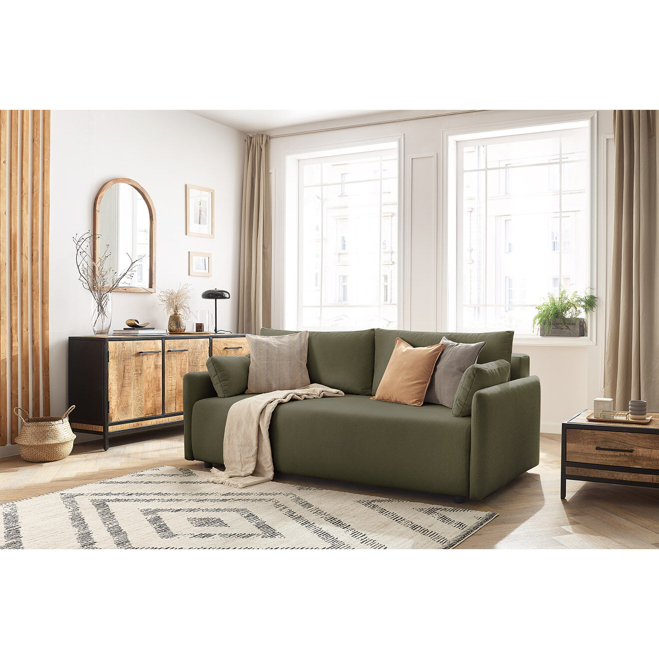 Bobochic Canapé droit convertible coffre marcel tissu lisse vert - 211x100x86 cm