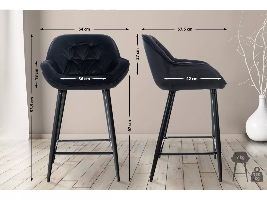 Lot de 2 Tabouret de bar - Velours & Métal noir mat - Noir - Gibson