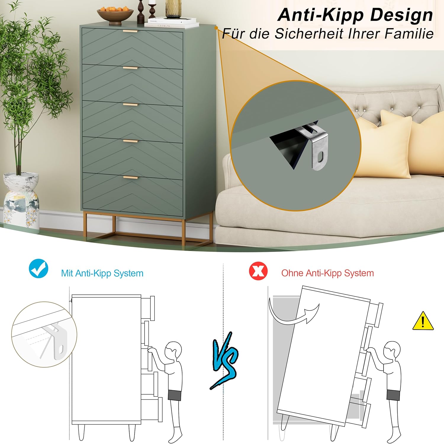 UEV Kommode mit 5 Schubladen Schrank Holz mit Kippsicherung Metallfuß Highboard Sideboard Schmal kommode Beistellschrank für Wohnzimmer Schlafzimmer,Flur 60x34x110cm (grün)