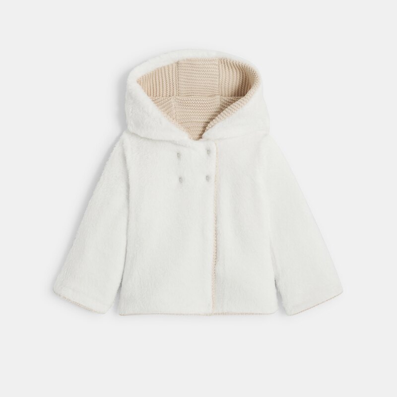Veste chaude en maille doublée soft boa à capuche beige naissance Beige
