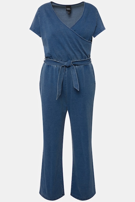 Jeans-Jumpsuit, weites Bein, V-Ausschnitt, Halbarm