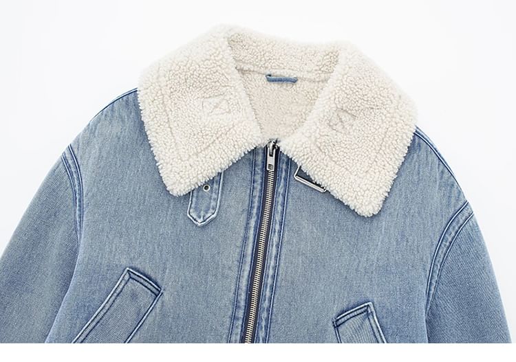 SugaYuja - Gewassen fleece denim jack met kraag en rits