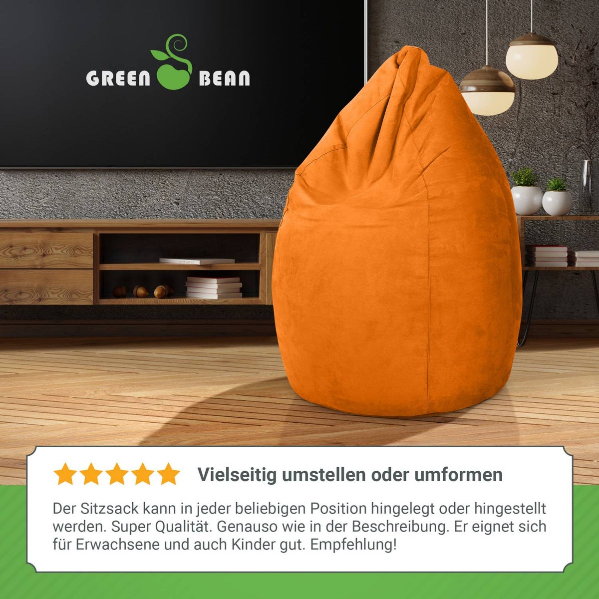 Green Bean Zitzak met rugleuning 60x60x90cm - Binnenzitkussen 220L vulling, comfortabel, wasbaar - Zitzak vloerkussen, loungestoel, voetenbank - oranje