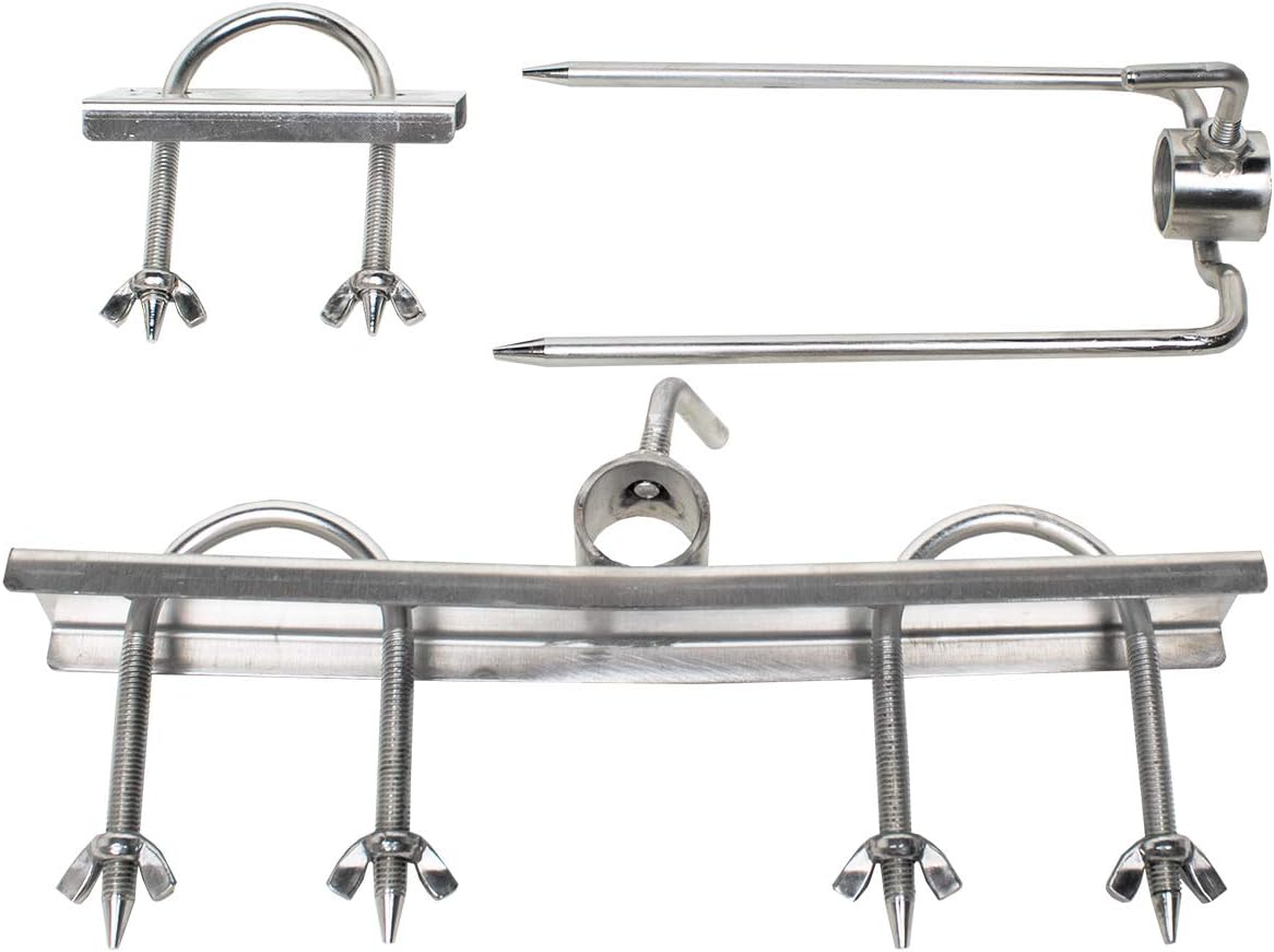 Beeketal 'BSG150-SG' Stand Spanferkelgrill für Feuerstellen oder Lagerfeuer mit Spießgrill Motor (ca. 2,4 U/Min), stabile 4-fach höhenverstellbare Edelstahl Konstruktion inkl. Boden Befestigungshaken