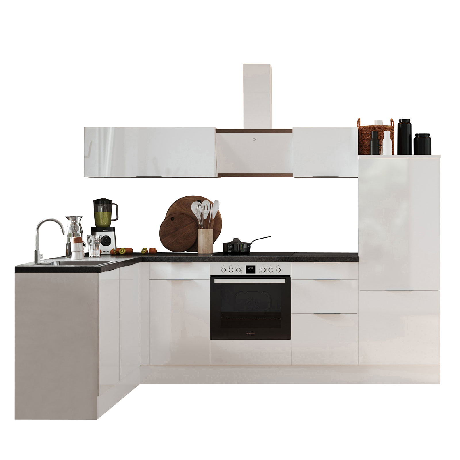 RESPEKTA Winkelküche - weiß Hochglanz - weiß matt - mit E-Geräten - 280x175 cm