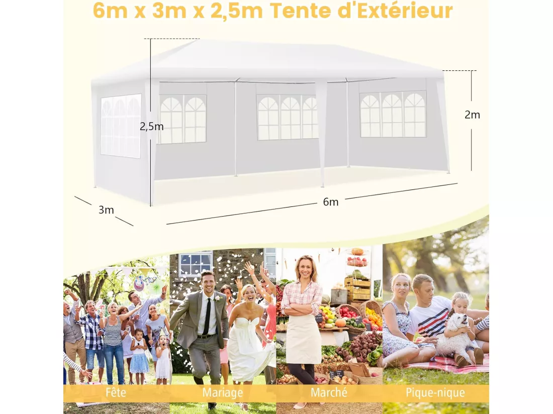 Tonnelle de Jardin 3x6M, Pavillon de Tente avec 4 Parois Amovibles, Piquets de Terre, Sac de Transport et Fenêtre sur Côté, pour Fête/Mariage/BBQ, Blanc