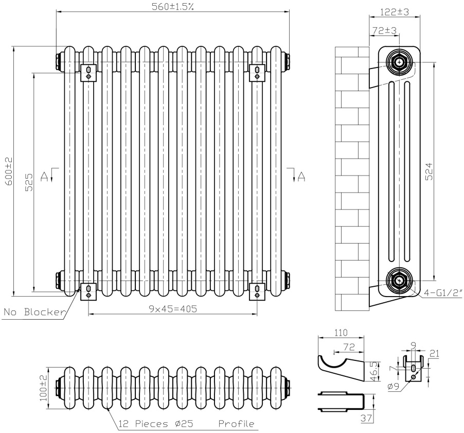 Eastbrook Imperia 3 koloms radiator 55x60cm 1134W zwart mat
