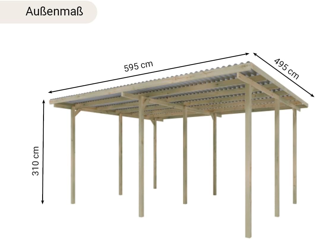 Holz Doppel Carport | 595 x 495 cm | 290 cm hoch | Fichte Kiefer Carport | mit UV-Schutz | 9er Pfosten | inkl. Dacheindeckung