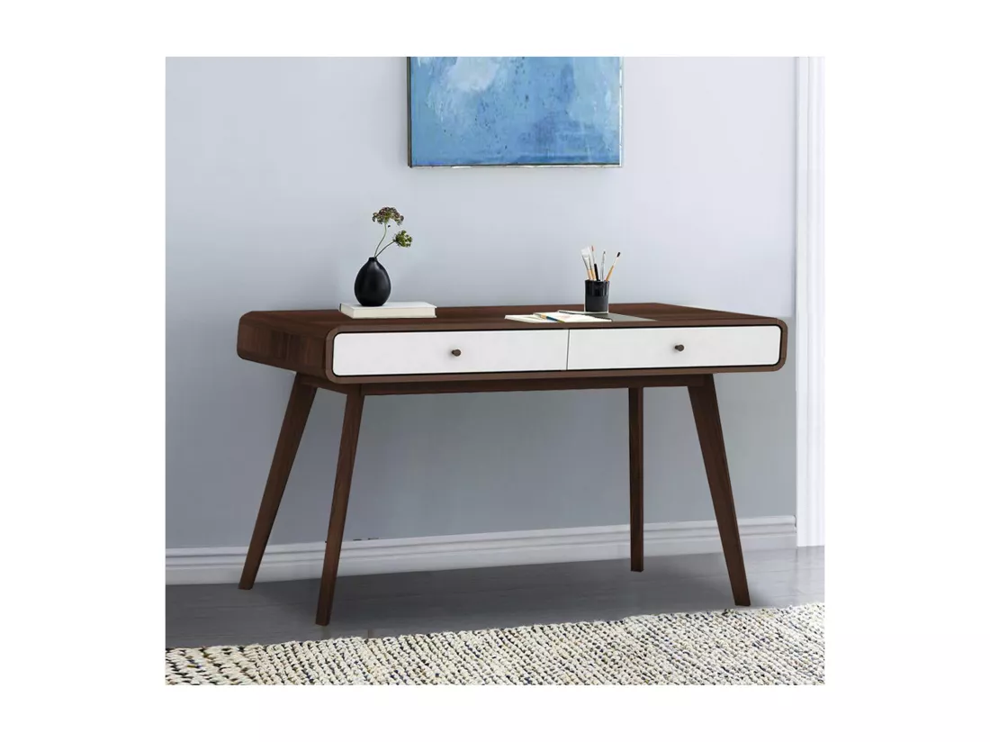 Cassie | Bureau avec 2 tiroirs en effet noyer et blanc