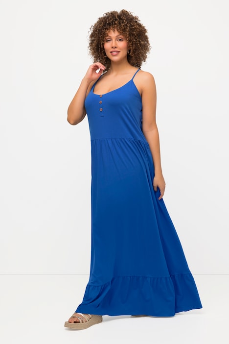 Midikleid, Volantstufen, A-Linie, Spaghettiträger, ärmellos