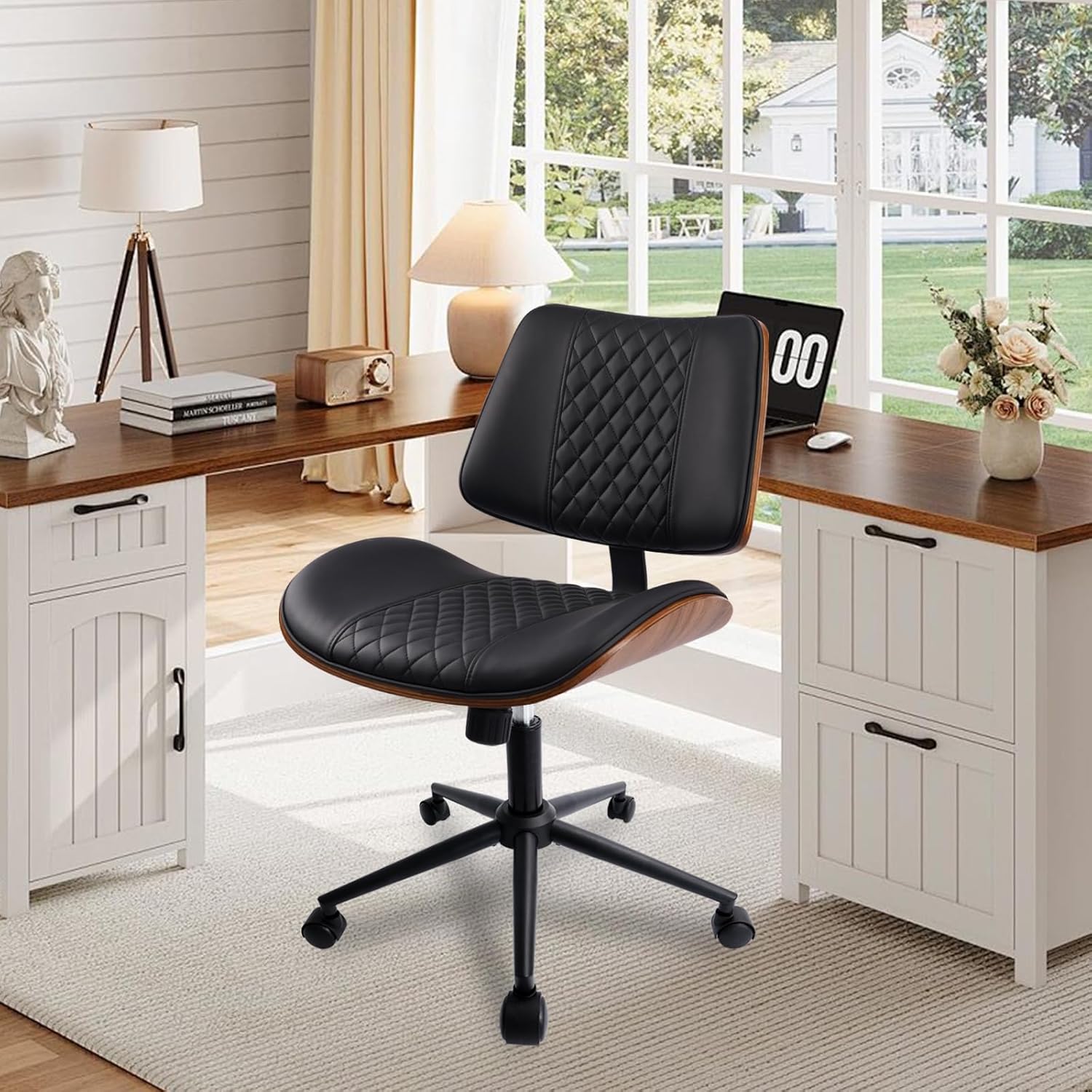 Bürostuhl, Schreibtischstuhl ohne Armlehne, PU-Leder Ergonomischer Bürostuhl, 360° Drehstuhl mit Höhenverstellung & 90°-125° Wippfunktion, Lesesessel für Schlafzimmer Büro Arbeitszimmer