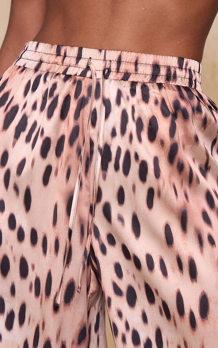 Marron Pantalon À Cordon En Satin Imprimé Guépard