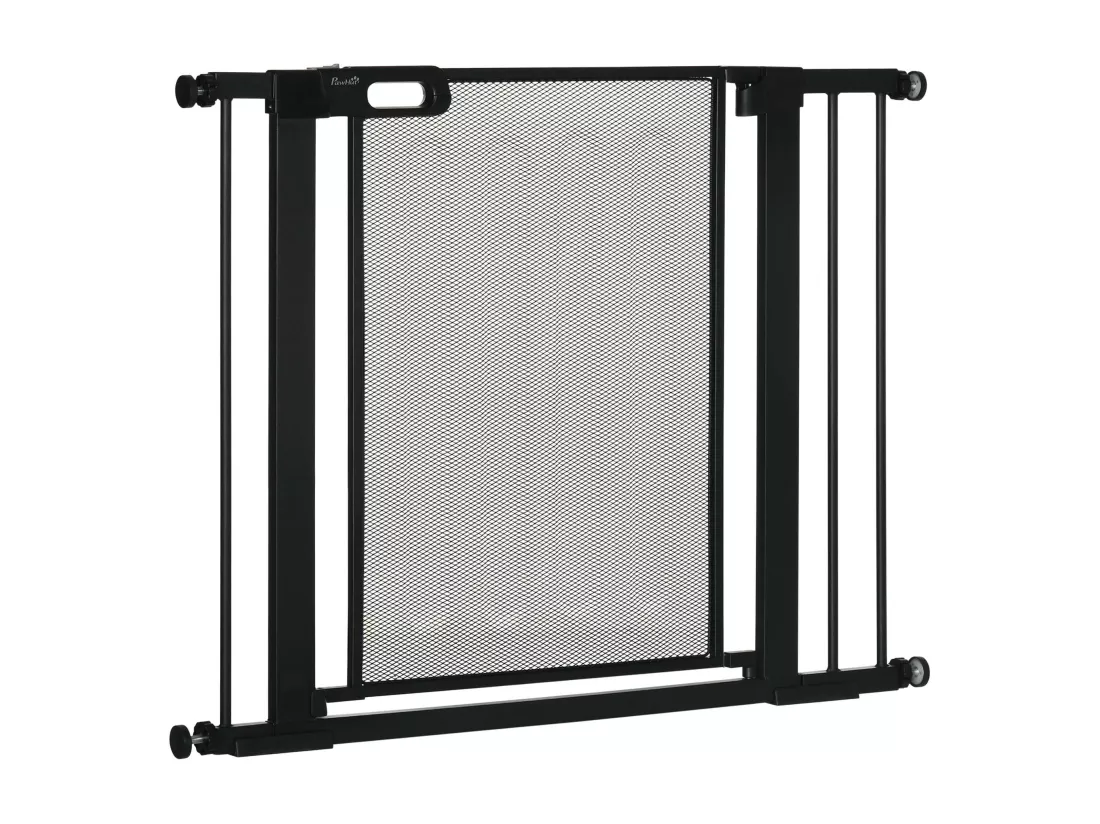 Barrière de sécurité animaux - longueur réglable dim. 75-103 cm - porte double verrouillage, ouverture double sens -sans perçage - acier ABS noir