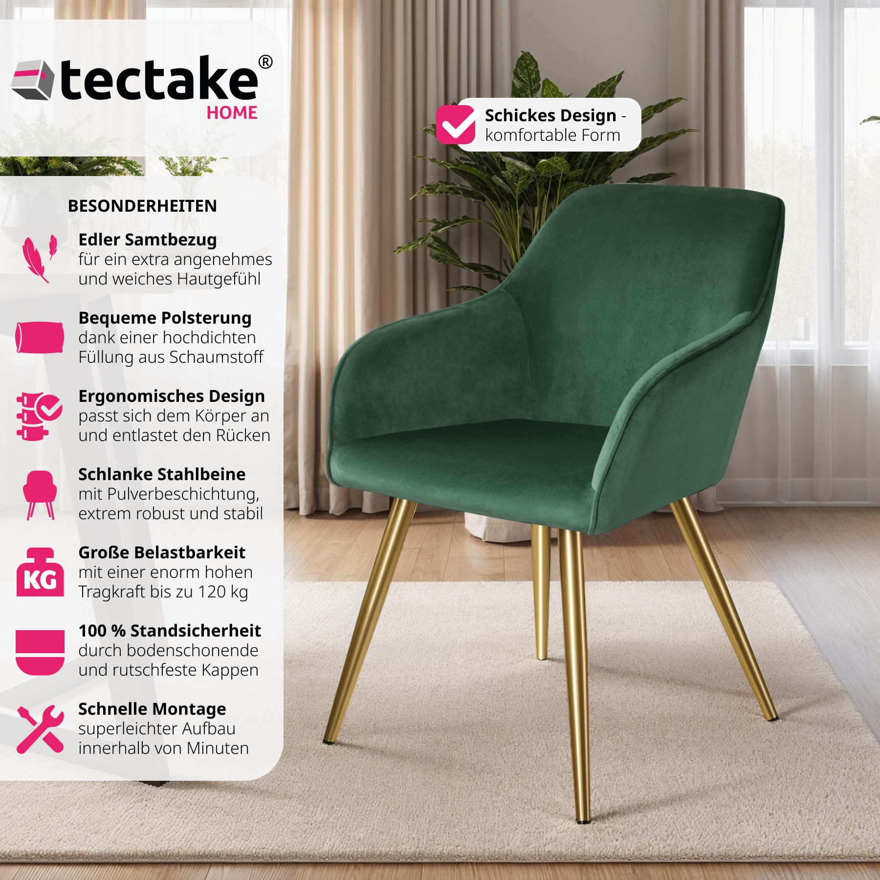 tectake® Esszimmerstuhl, gepolstert, in Samtoptik, goldene Stahlbeine, 58 x 62 x 82 cm