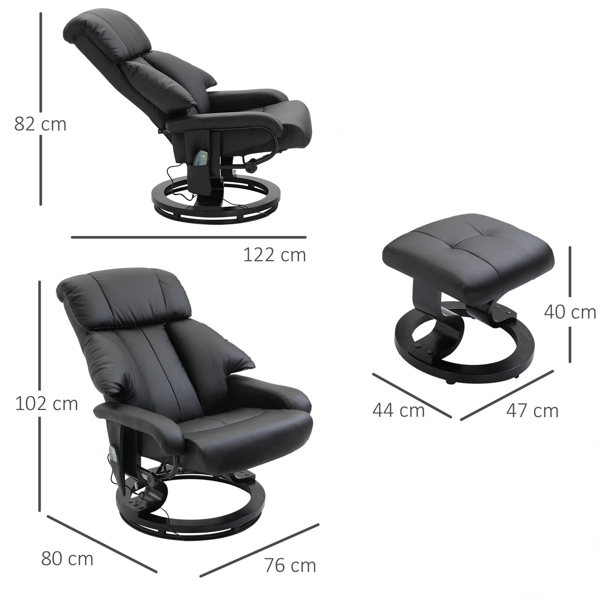 HOMCOM Massagesessel mit Fußhocker und Liegefunktion schwarz 76L x 80B x 102H cm