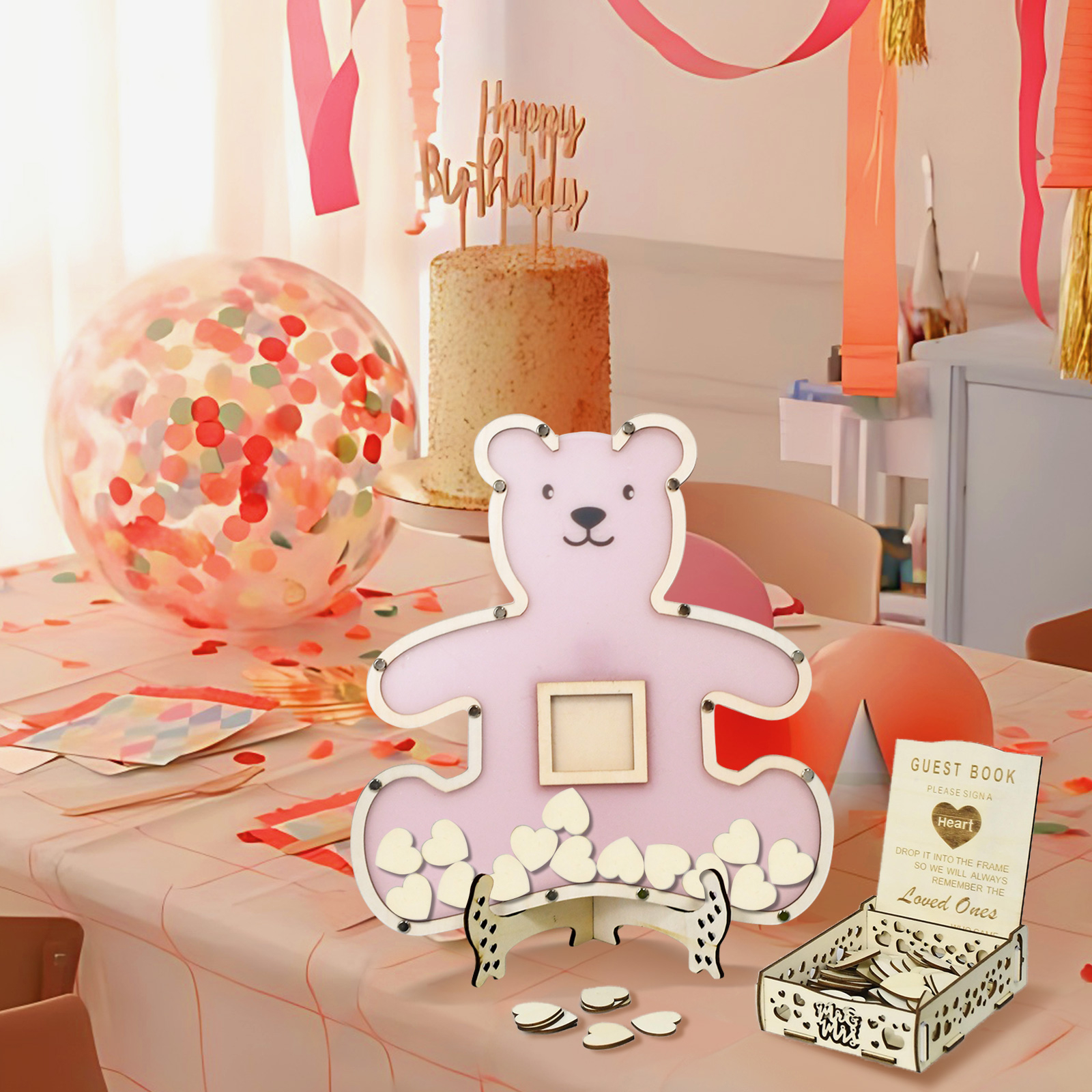 (37x35cm) Echtholz Teddy Bär Baby Shower Gästebuch Aufstellbares Party Gender Reveal Guest Book für 80 Gäste - Rosa