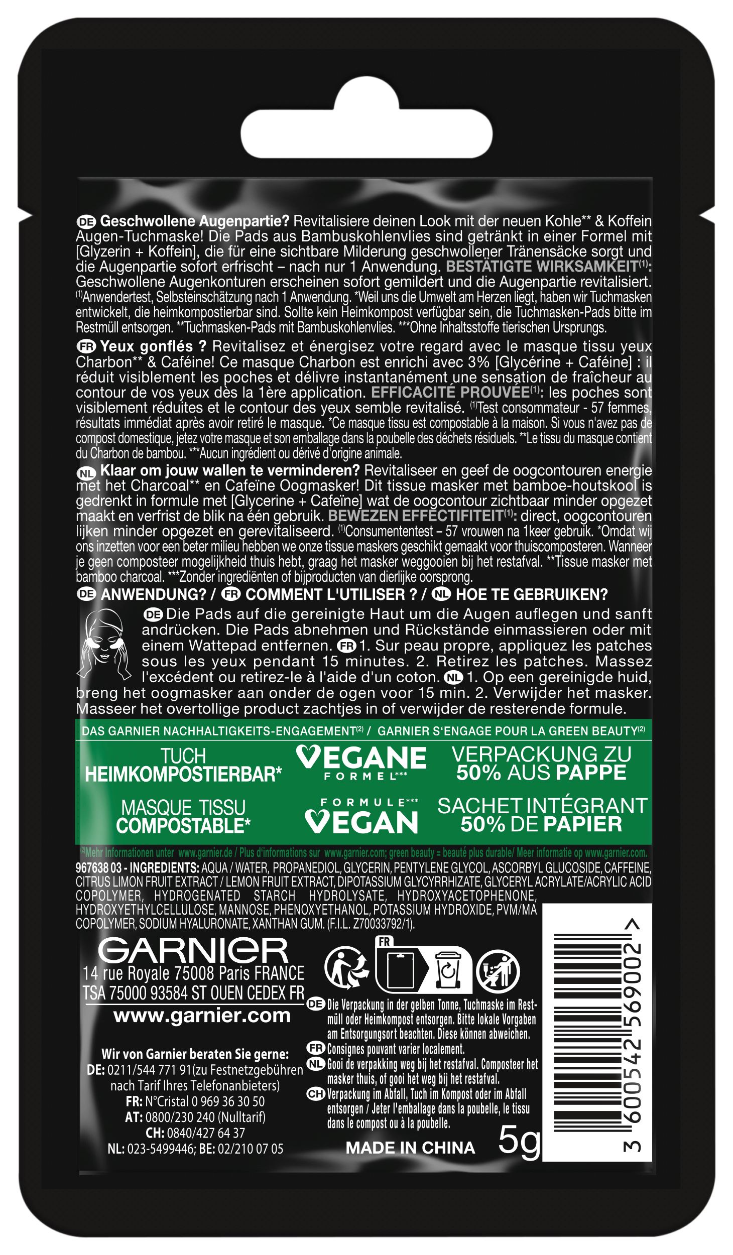 GARNIER SkinActive Koffein Augen-Tuchmaske Aufpolsternd 5 g