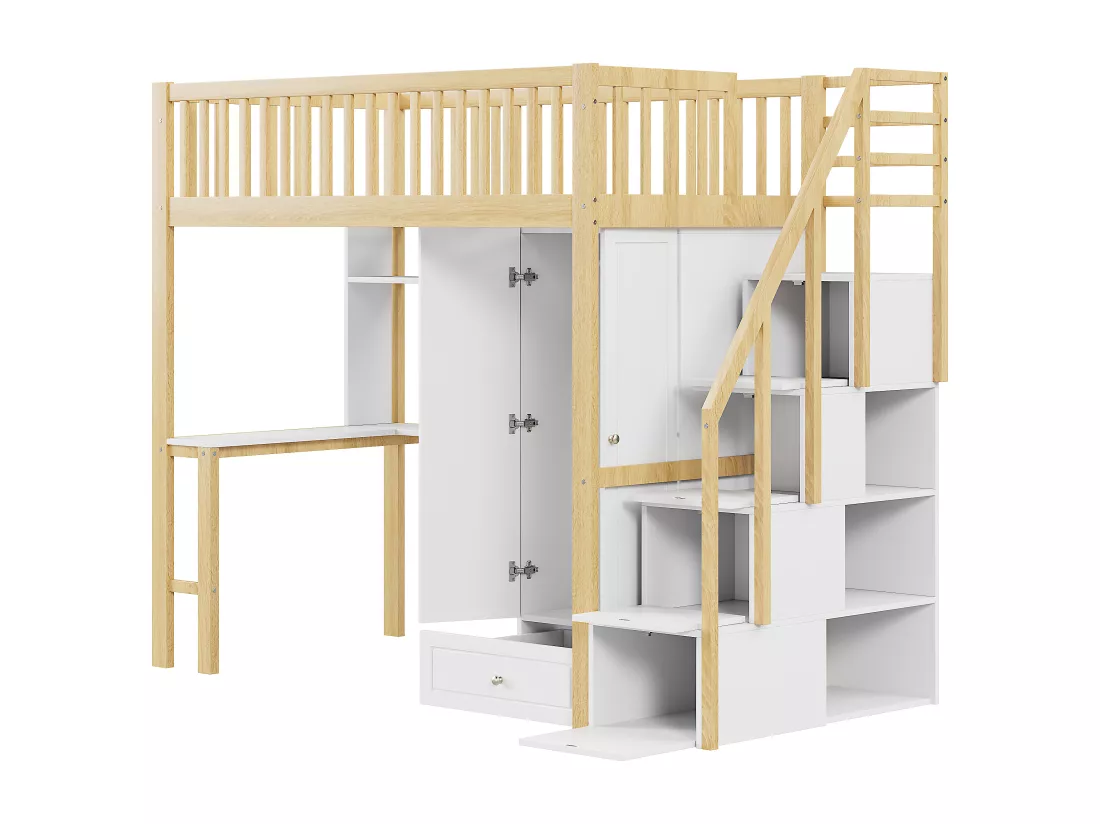 Lit mezzanine 90 x 200 cm avec grande armoire, bureau, bibliothèque, escalier et tiroirs, tout-en-un, Bois MDF, Blanc + chêne