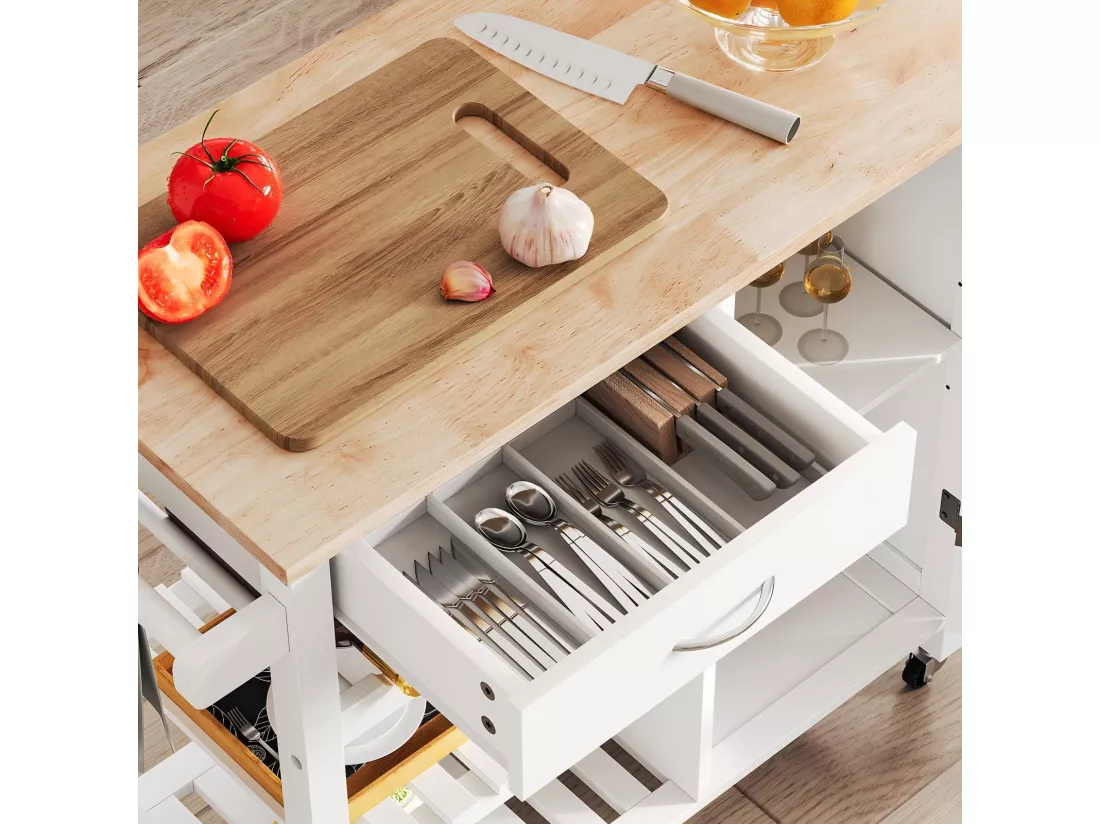 Desserte de cuisine, 3 niveaux, avec 4 roues et porte-serviettes, 1 porte et 1 tiroirs, îlot central cuisine, 80x40.5x80CM