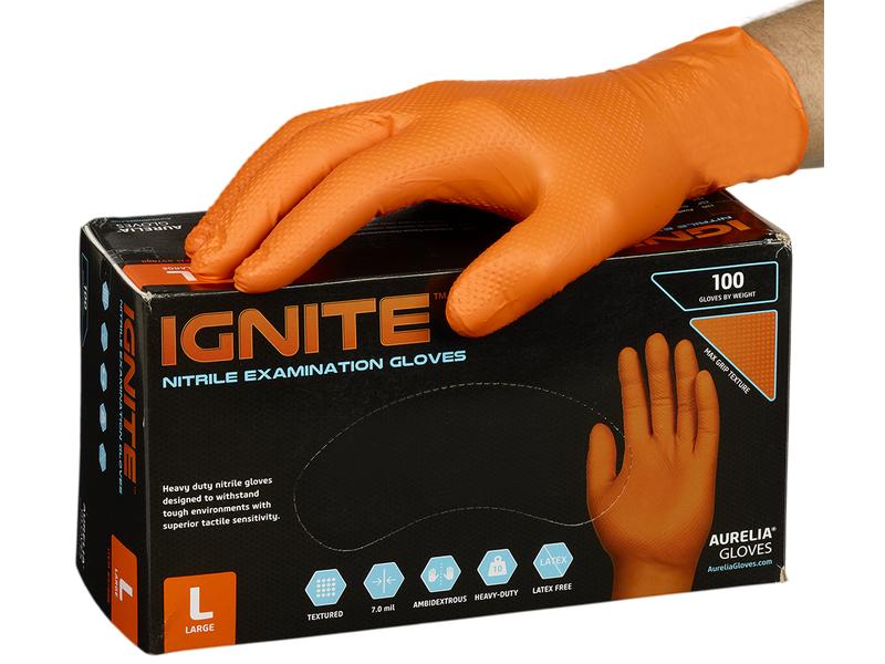 IGNITE Einweghandschuh Max Grip Nitril, M, Orange, 100 Stüc Puder-freie Nitril Handschuhe