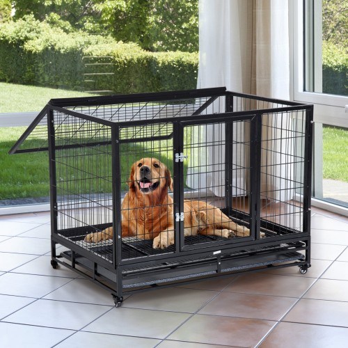 Gaiola para cães Pawhut em metal preto com rodas.