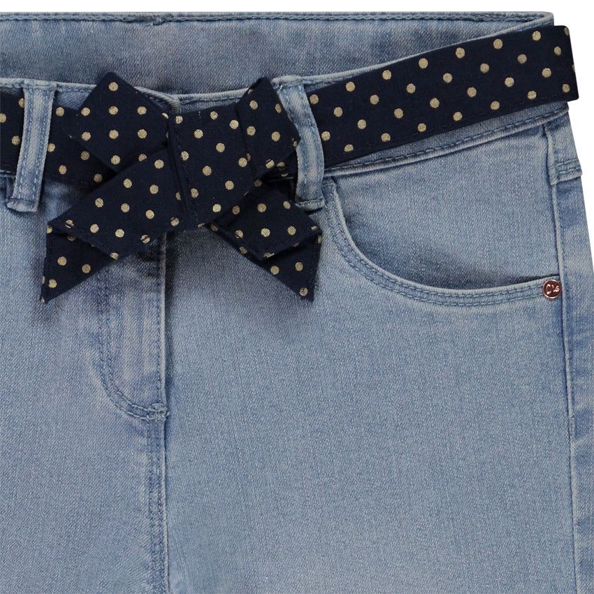 Jean slim + ceinture imprimé pois à nouer pour fille - Bleu