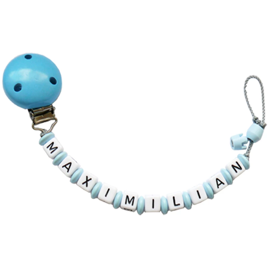 Schnullireich Schnullerkette mit Namen bis 9 Buchstaben (Lange Namen) Hellblau