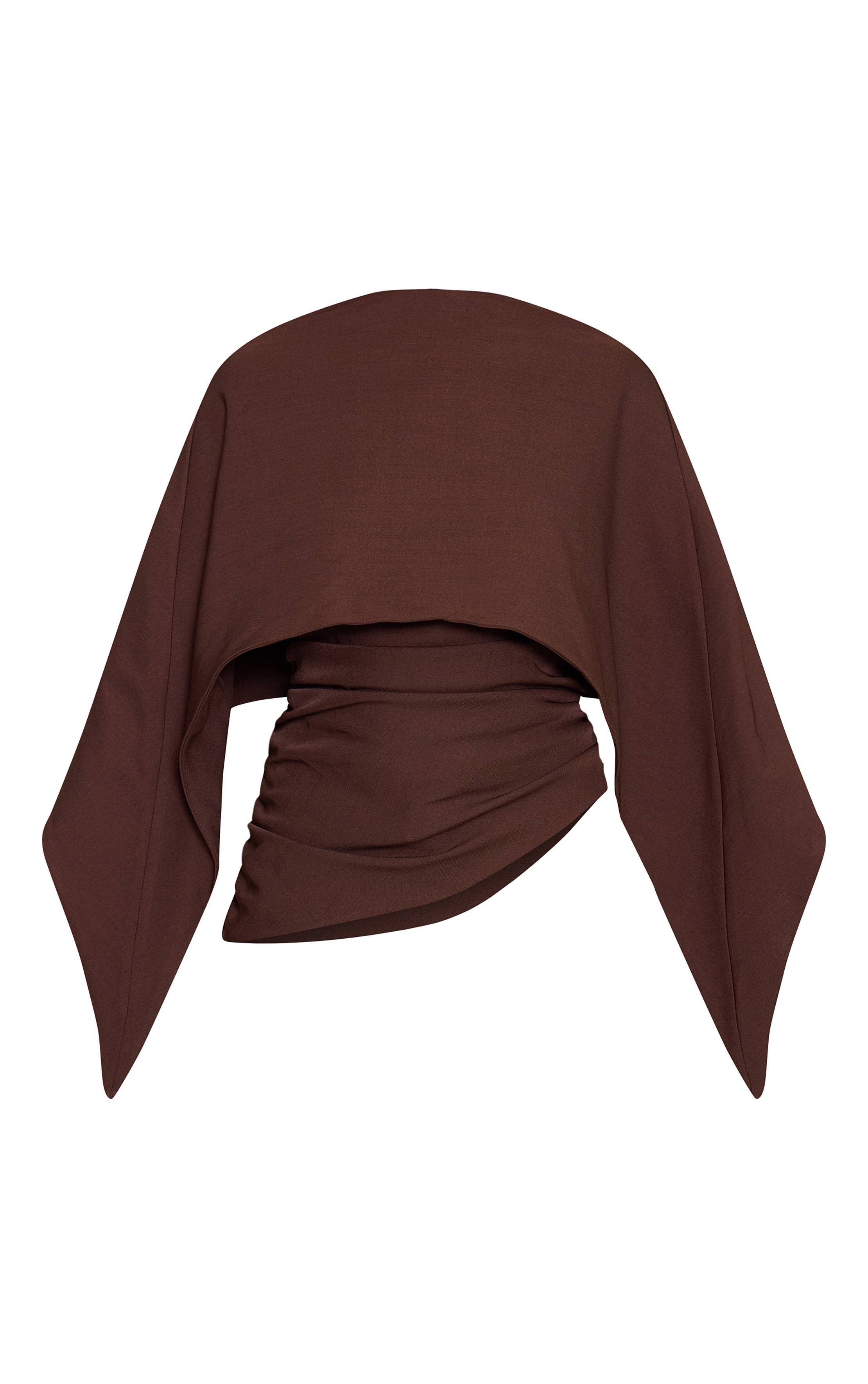 Dark Chocolate Top Long Froncé En Tissu Tissé Avec Détail Cape