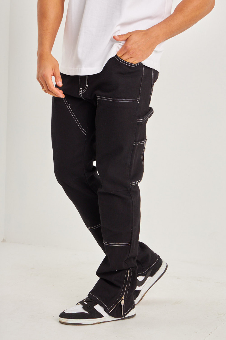 Jeans noir coupe droite couture blanche