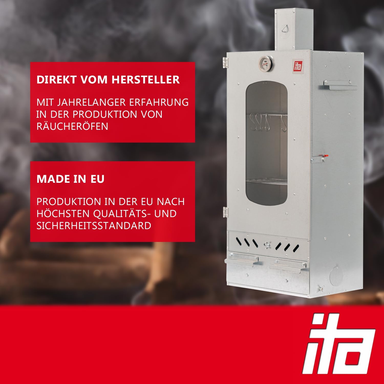 ITA Räucherofen 7012 - Smoker Set mit Tisch & Räucherspänen - Räucherschrank mit 3 Etagen - Legierter Stahl, mit Sichtfenster & Kaminabzug - Qualität Made In EU Direkt vom Hersteller