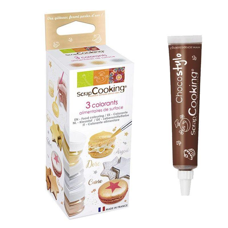 3 colorants alimentaires de surface doré, argenté, cuivré + 1 Stylo ch