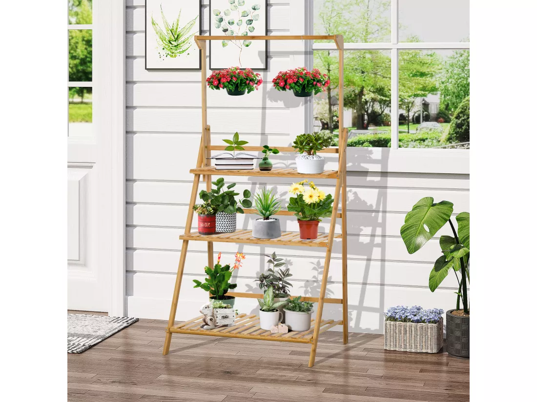 Étagère échelle à fleurs en bois de bambou - porte plante bois 3 étagères + barre support pour pots suspendus