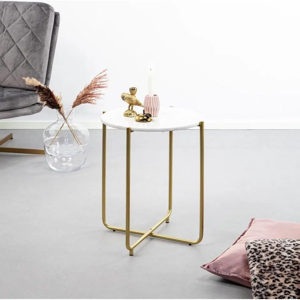 Housecraft Timpa Bijzettafel Marmer Rond 44x44 cm Wit/ Goud