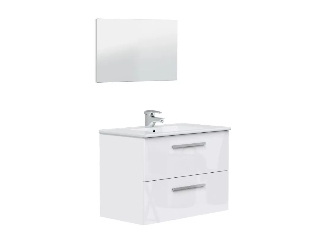 Meuble sous vasque de salle de bain Suspendu 80 cm avec 2 tiroirs + Miroir - Hauteur 57 x Longueur 80 x Profondeur 45 cm