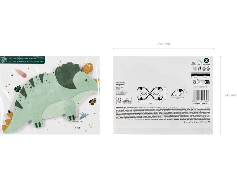 Partydeco Papierservietten Triceratops 18 x 10 cm, 12 Stück Servietten für Kindergeburtstage
