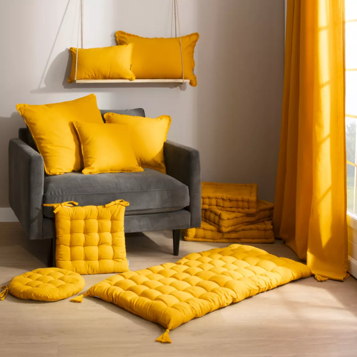 Coussin de sol coton (50 x 50 cm) Pixel Jaune moutarde