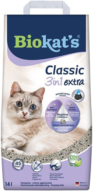Biokat's Classic 3in1 Extra - 14 L - Kattenbakvulling - Klontvormend - Parfumvrij - Actieve kool