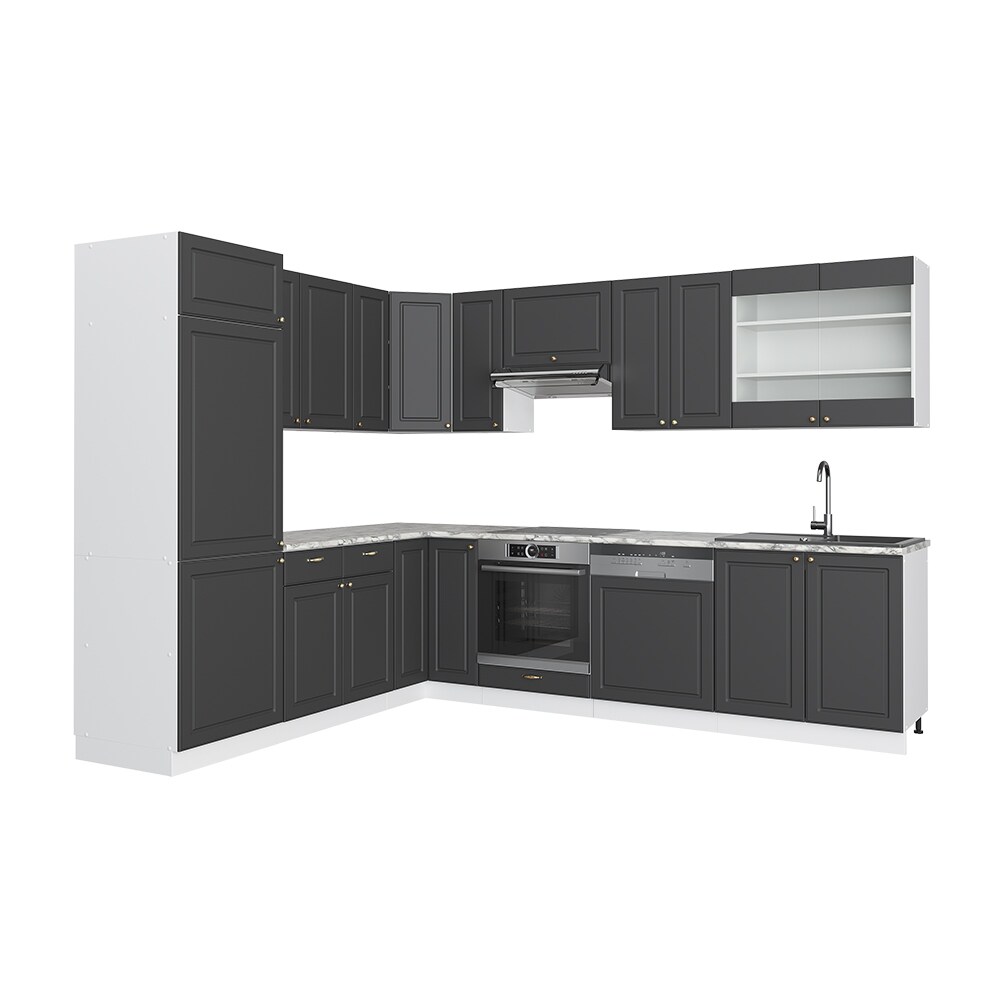 Vicco Eckküche Küchenzeile Einbauküche Fame-Line Landhaus Weiß Anthrazit Gold227x287 cm Spülenunterschrank Schubunterschrank Eckunterschrank Herdumbauschrank Hängeschrank Kühlumbauschrank