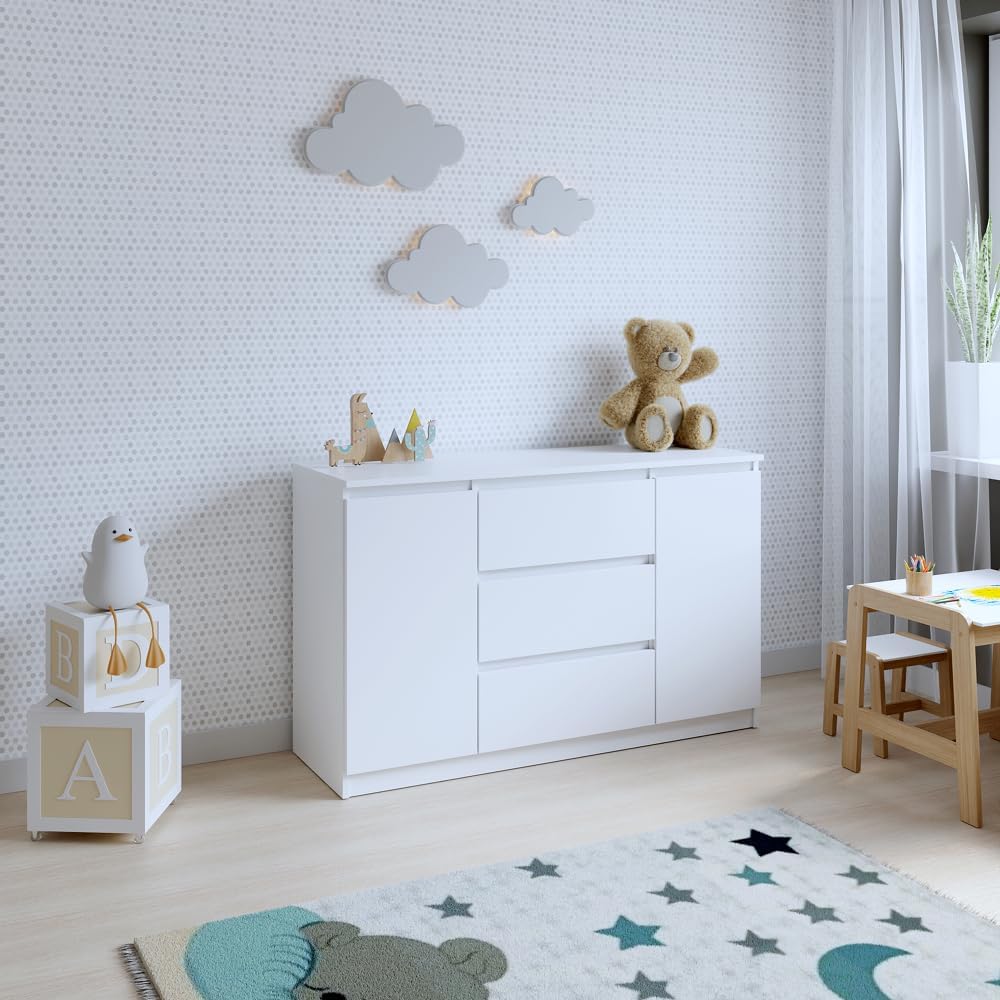 Kommode 2 Türen 3 Schubladen | Weiß 120 cm Ideal für Schlafzimmer, Wohnzimmer, Kinderzimmer und Büro | Große geräumige Kommode | 120x75x40 cm