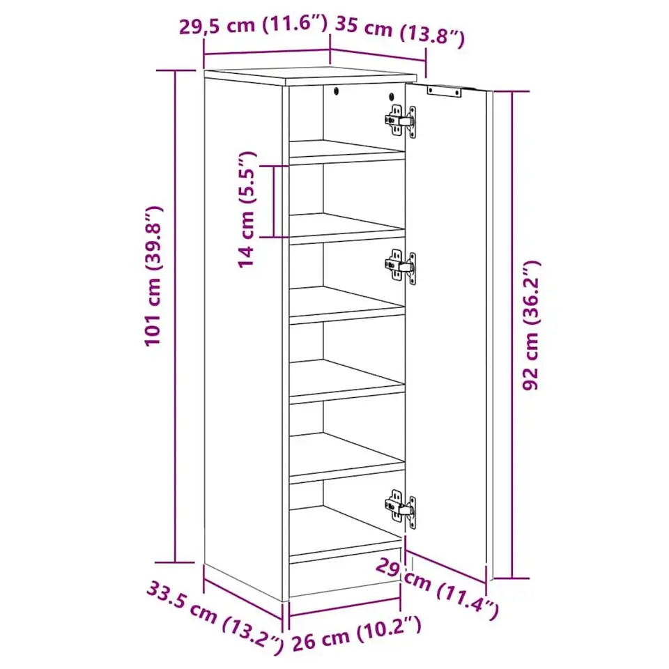 vidaXL - Schoenenkast met 1 deur - Gerookt eiken - Bewerkt hout - 30x35x100 cm