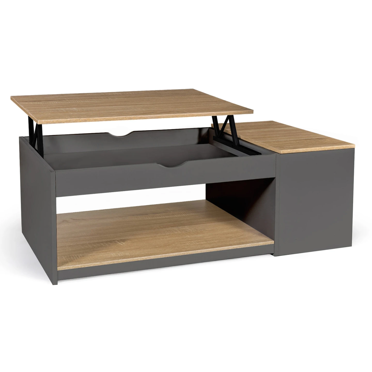 Table basse plateau relevable rectangulaire ELEA avec coffre bois gris et façon hêtre