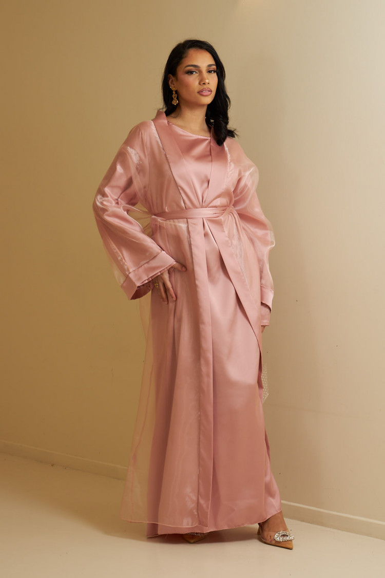 Ensemble 2 pièces abaya + kimono ceinturé rose