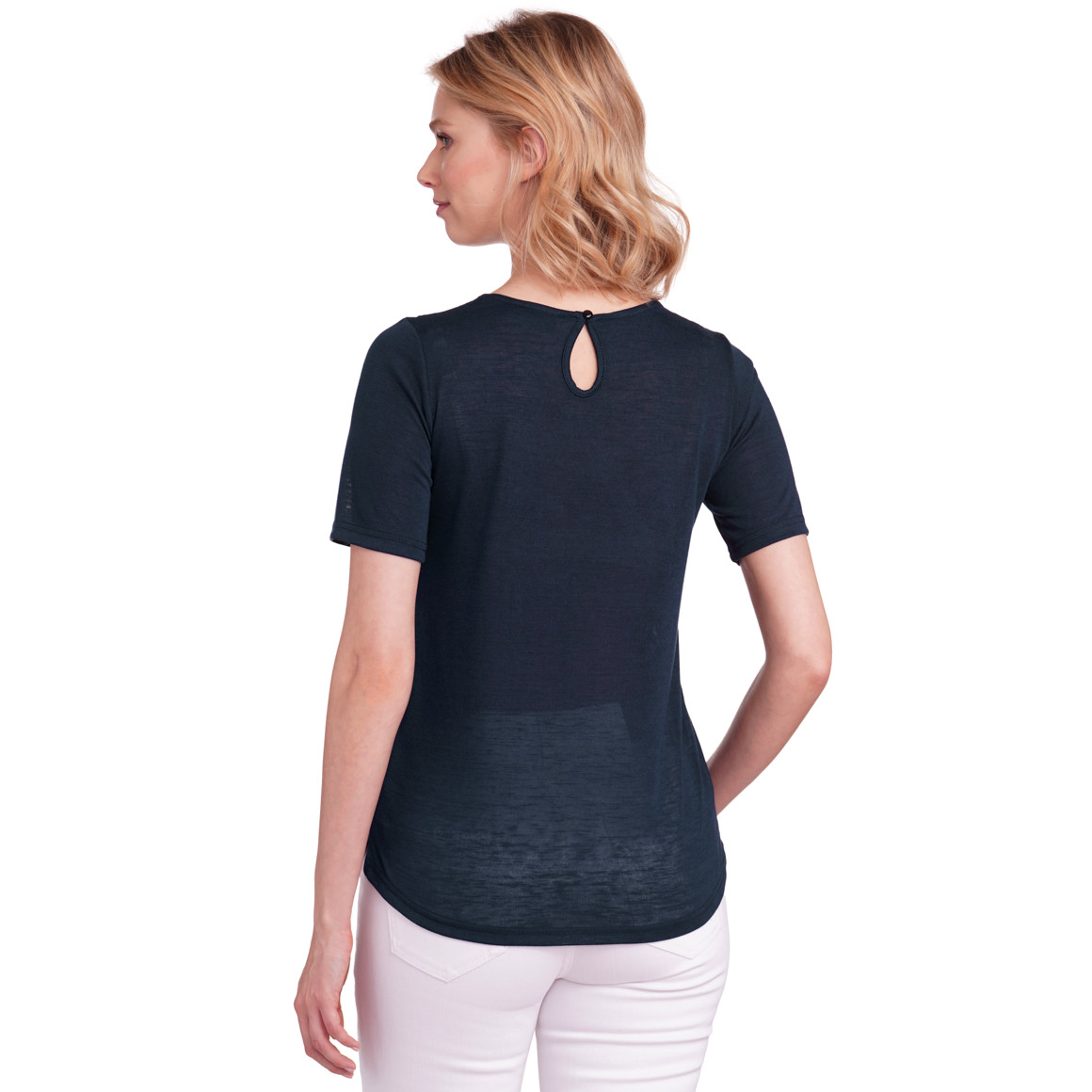 Gina Damen T-Shirt mit Spitzenausschnitt dunkelblau