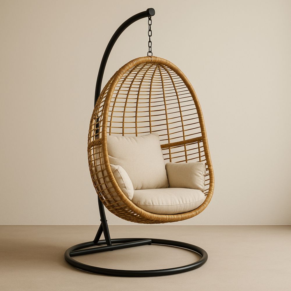 Hängesessel Synthetisches Rattan Beige Kissen Stahlsockel