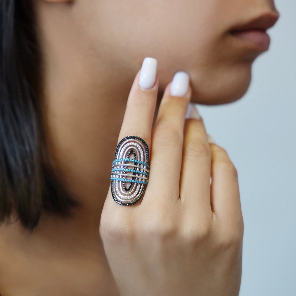 Bague Argent Ellipse Moderne Rhodiée Sertie Turquoise