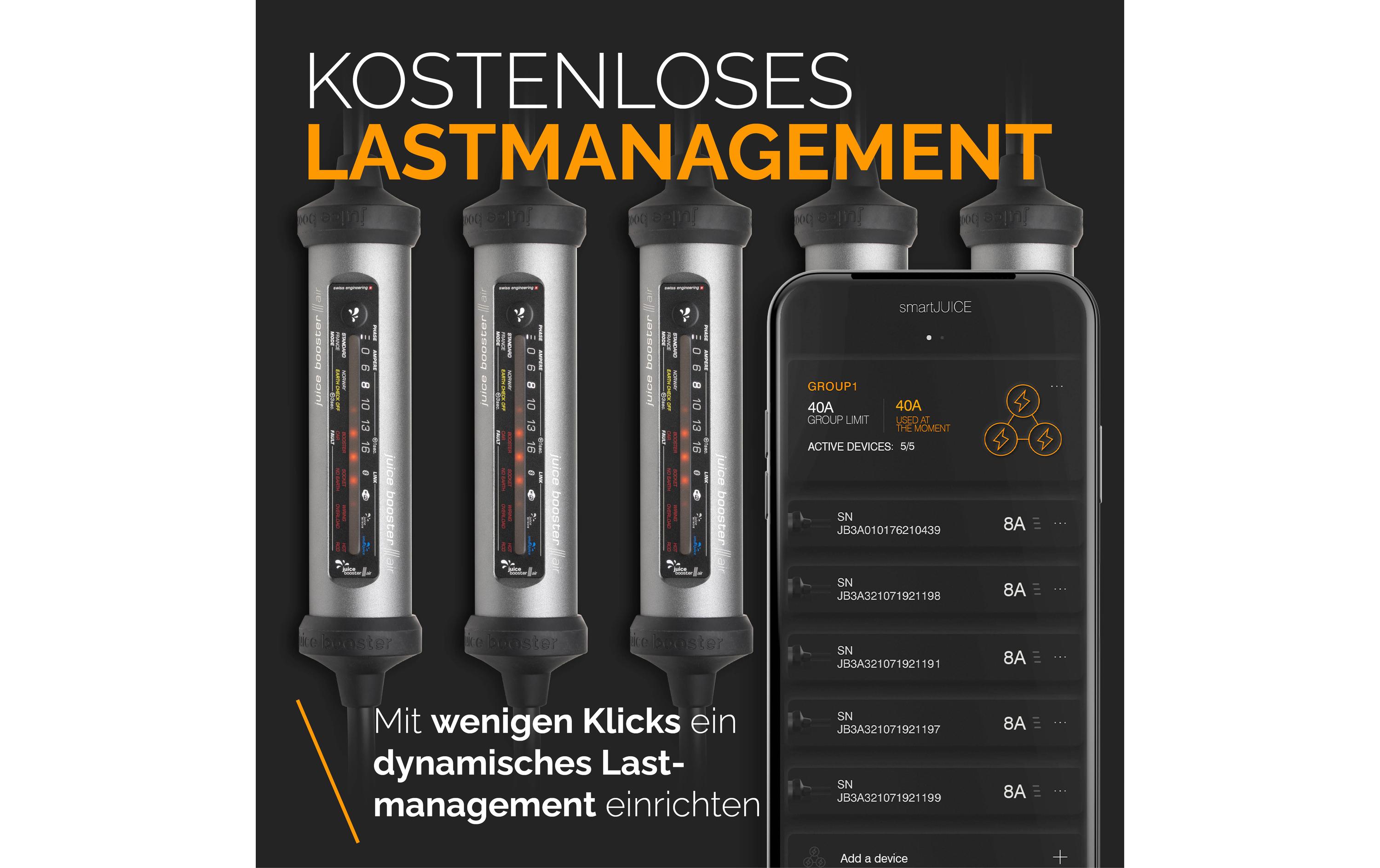 Mobile Wallbox JUICE BOOSTER 3 air Swiss Traveller Set Plus<br>Die smarte 7-in-1-Ladelösung für Elektrofahrzeuge für zuhause oder unterwegs