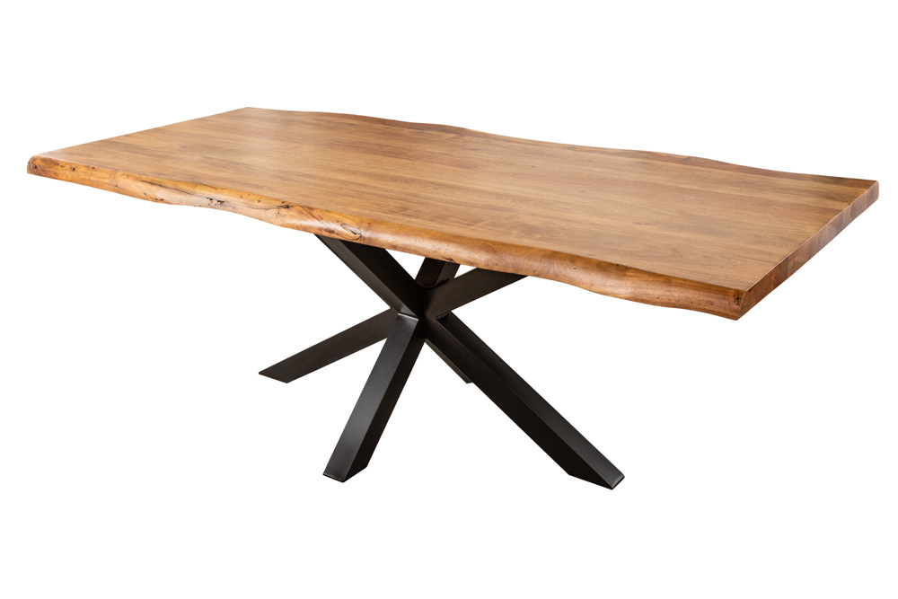 Massivholz Esstisch MAMMUT NATURE 220cm Akazie Metallgestell schwarz Baumkante 6cm Tischplatte