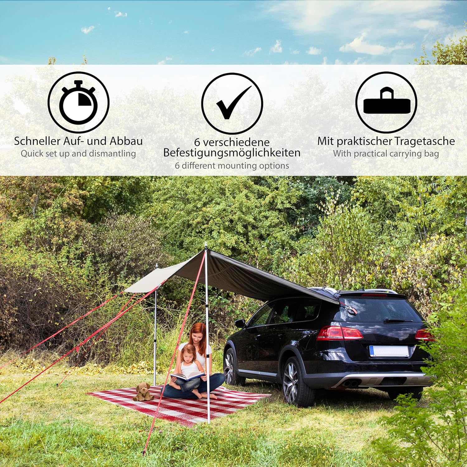 ONVAYA® Auto-Sonnensegel | Schutz vor Wind, Regen, Sonne (UV99) | 6 Aufbauvarianten | Schneller und einfacher Aufbau | Für PKW, Van und Wohnmobil (Grau)