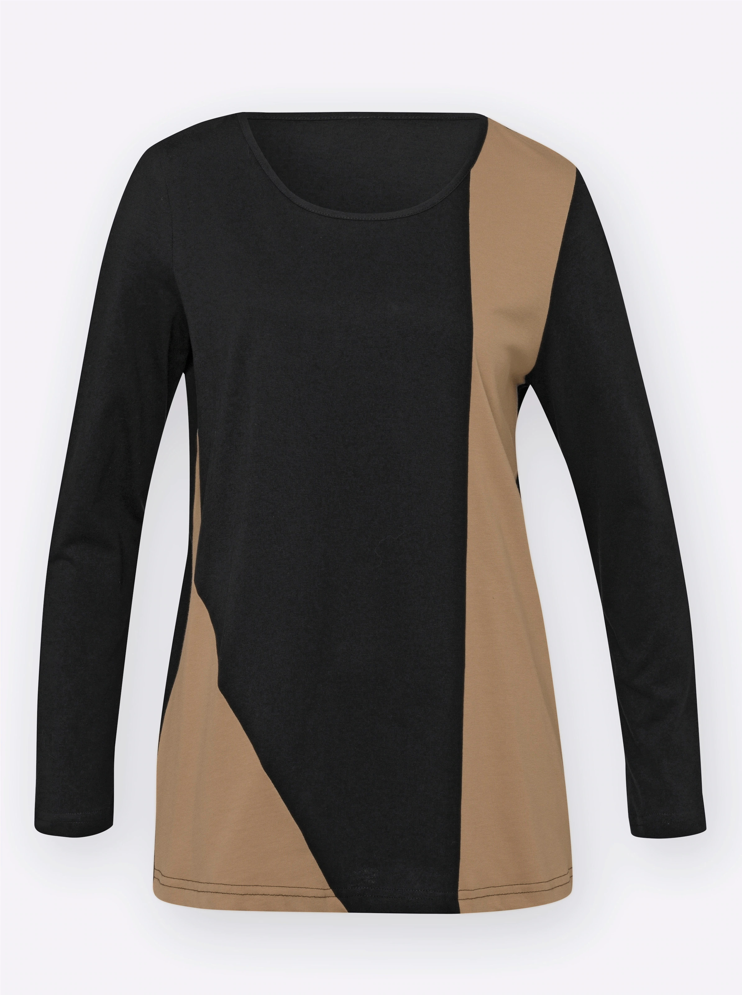 Langarmshirt in schwarz-camel-gemustert