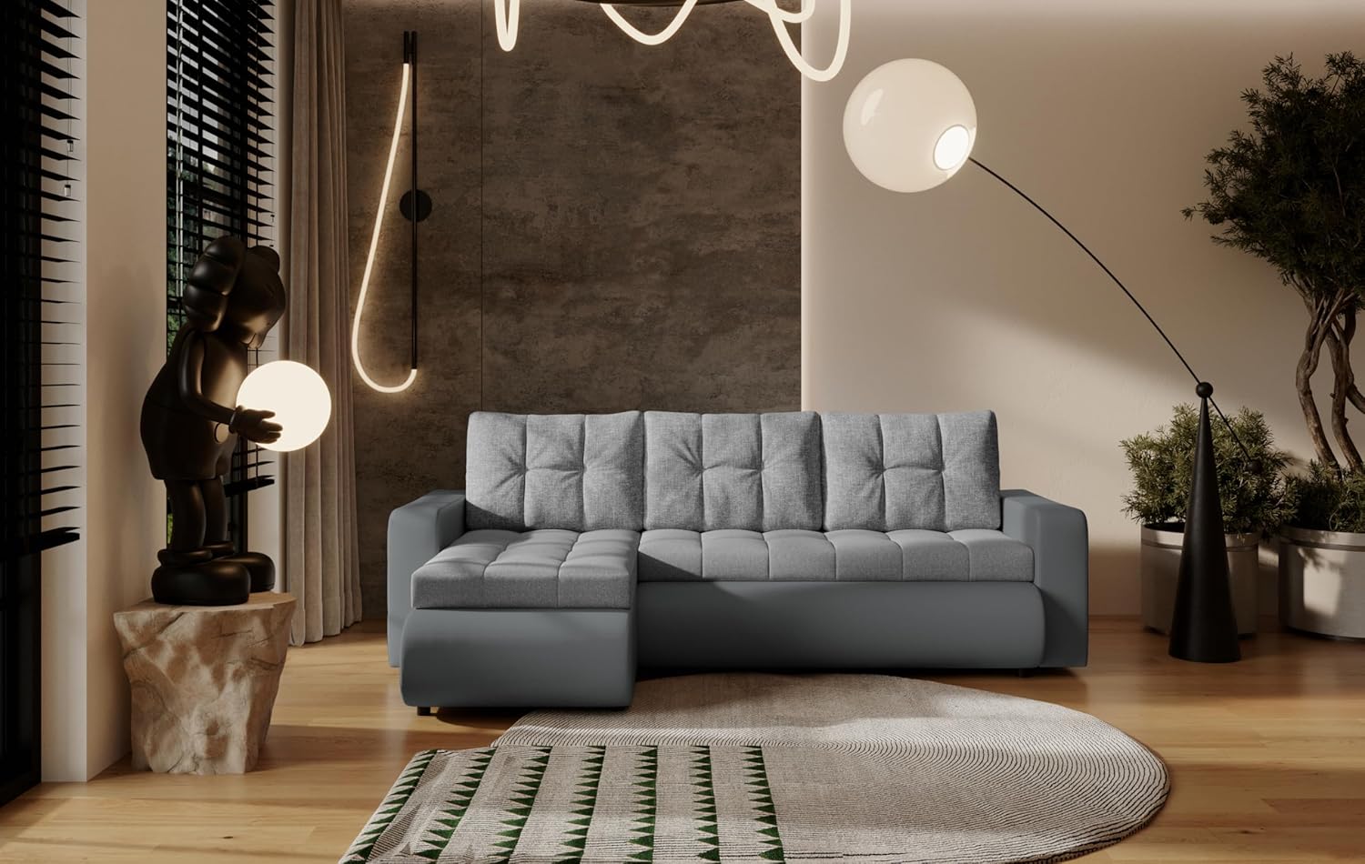 Fabio Ecksofa mit Schlaffunktion und Bettkasten - Sofa mit 3 Sitzen Überzug - Schlafcouch L-Form Universal - Modern Couch - 226x143x83 cm - Grau-Grau